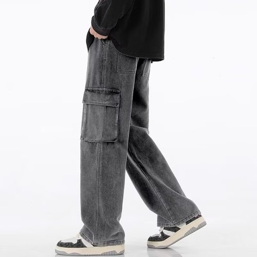 Men's Spring and Autumn Workwear Jeans with Elastic Waist Loose Straight Leg Wide Leg Versatile Casual Long Pants 2025