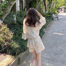 防晒衣服女装夏季衬衫新款遮肚上衣阔腿短裤时尚洋气超仙三件套装