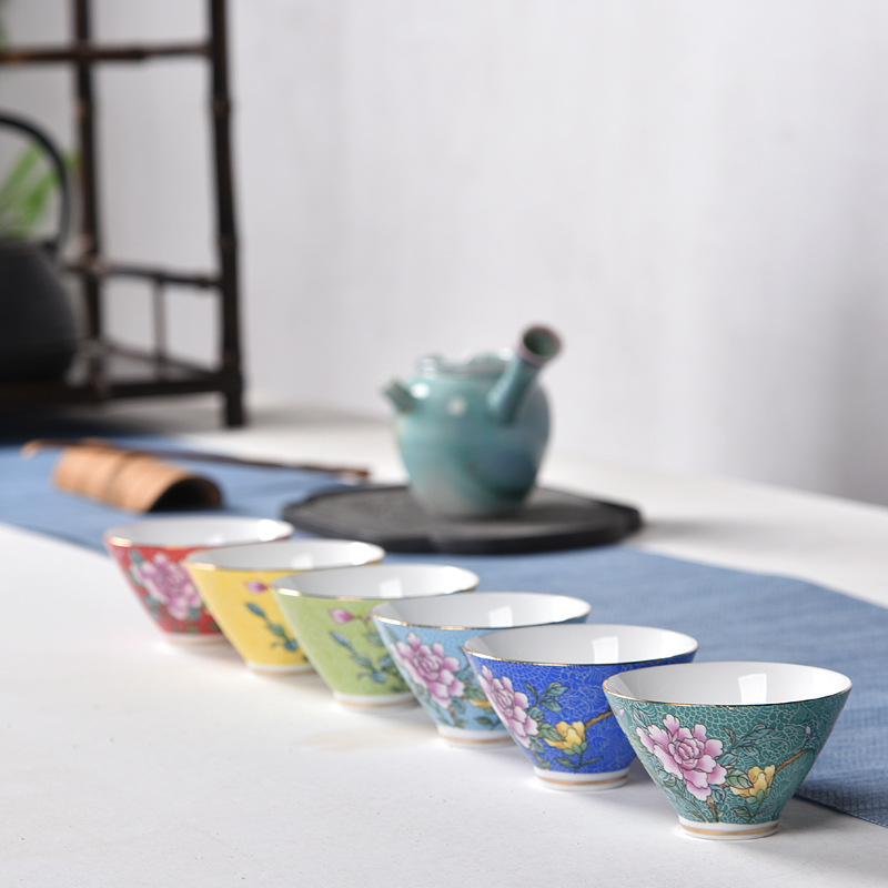 에나멜 컬러 티 세트 티 컵 세라믹 티 볼 파스텔 꽃 구이 차 시음 컵 마스터 싱글 컵 손으로 그린 쿵푸 티 컵