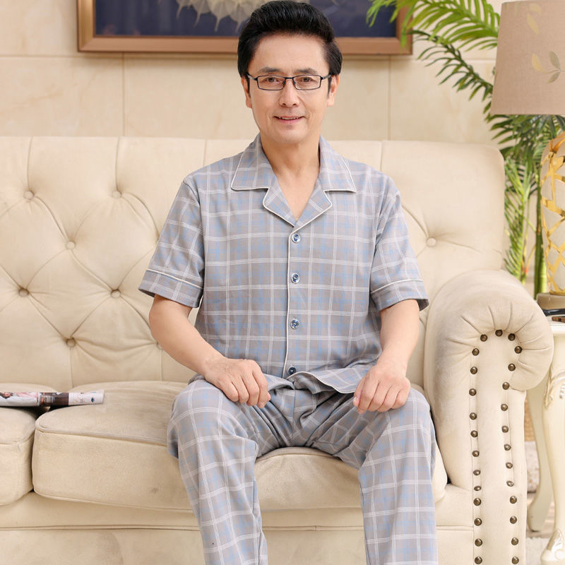 Papá pijamas de verano de algodón para hombres de manga corta delgada de verano pantalones largos de media manga para hombres de mediana edad set de ropa para el hogar