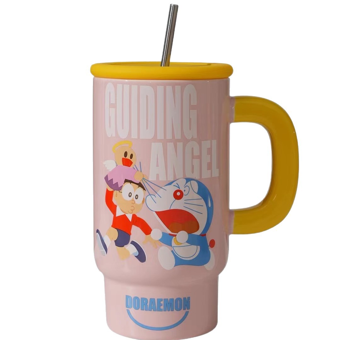 Nuevos productos creativos Dingdong gato taza de cerámica con cubierta taza de agua de paja taza de café Doraemon taza de oficina de alto valor