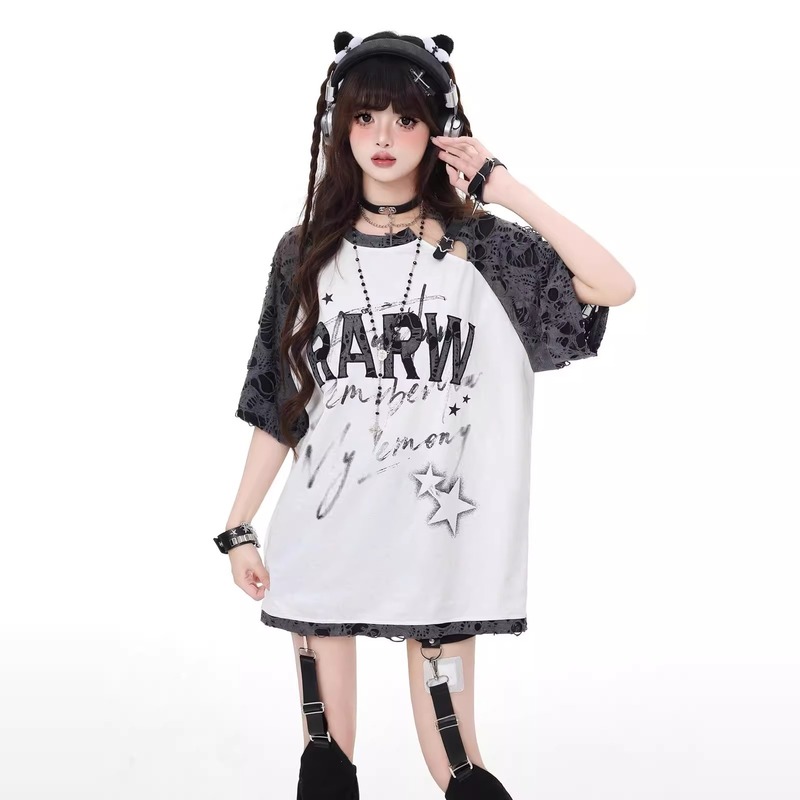 crazygirl サブカルチャー スターリッピング スプライシング ラグラン デザイン ニッチ ルーズ 万能 Tシャツ 夏新作|undefined