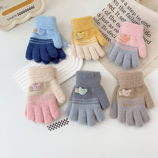Korean-style simple cartoon children's warm gloves winter cold-proof thickened baby writing cycling five-finger outdoor full finger