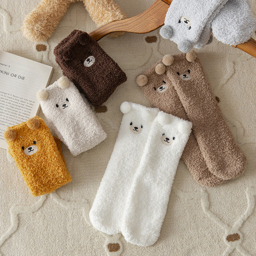 Coral velvet socks for women in winter thickened plush warm sleep socks cute cartoon floor socks plus stockings batch