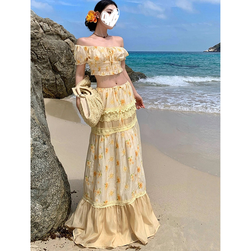 ドーパミンオフショルダーショートワンショルダートップツーピース夏の新しいハイウエストスカート年齢を減らす休暇着用|undefined