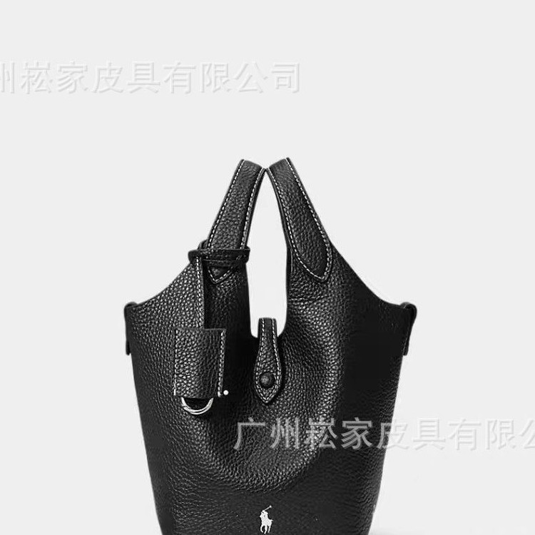 Polo Bucket Bag Lychee Grain Top Layer Cowhide Shoulder Crossbody Tote Bag For Women - Thumbnail 5