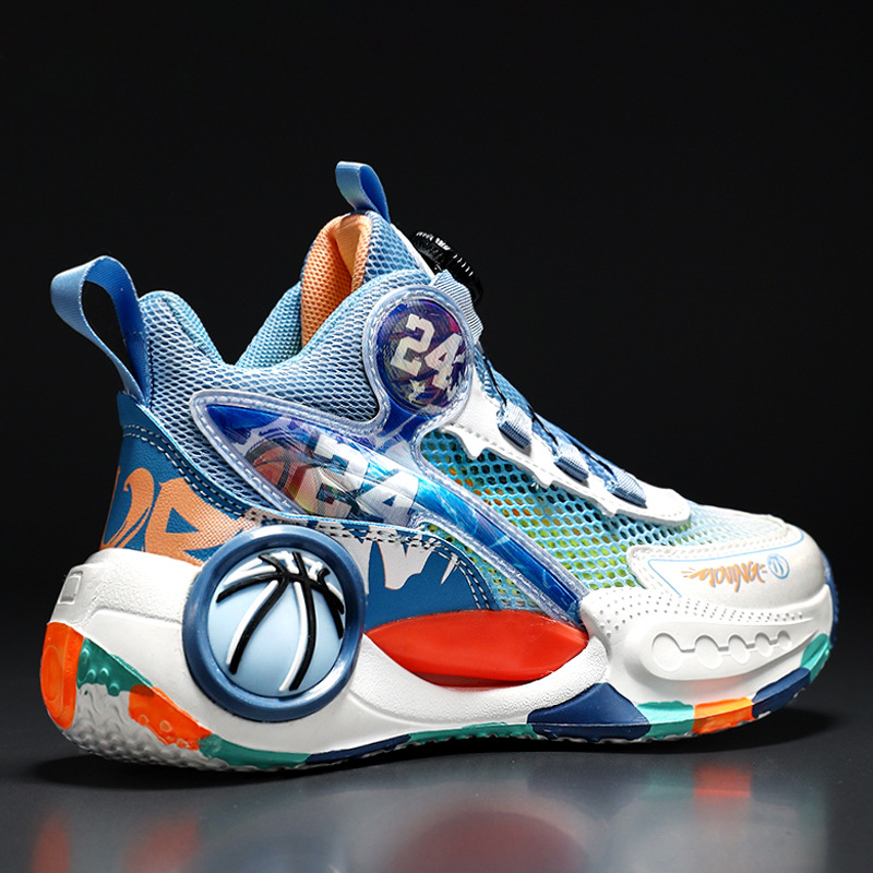 Zapatos para niños, zapatos deportivos, 2025 primavera y otoño, nuevos zapatos de baloncesto transpirables de malla para niños, botones giratorios para niños grandes y niños