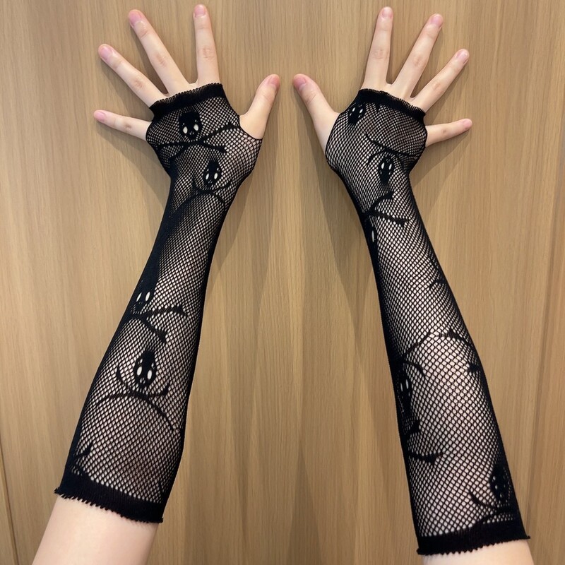 中空メッシュボーングローブハロウィン装飾コスプレパフォーマンスミッドレングスメッシュハーフフィンガー通気性メッシュグローブ|undefined