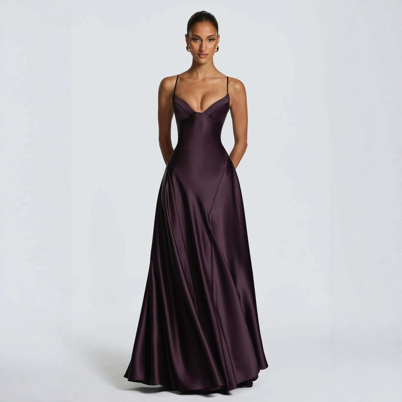 2026 European and American women's casual sleeveless slim-fit silk camisole backless A-line maxi dress