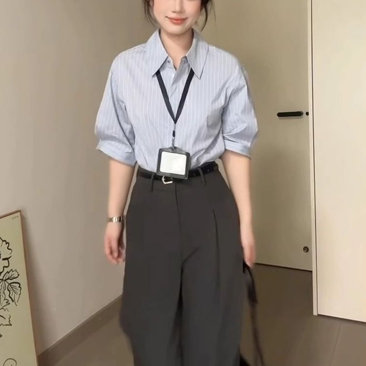 法式蓝色条纹衬衫女夏季新款简约高级感通勤职业面试气质小众套装|undefined