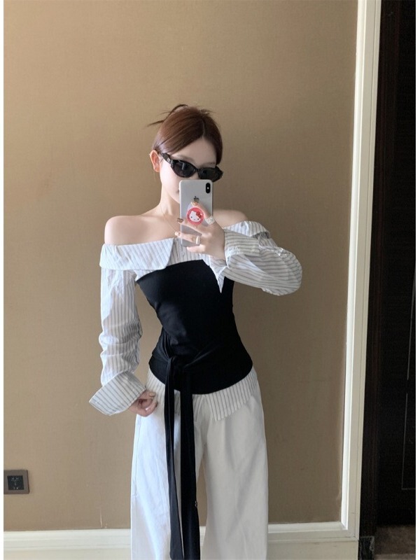 韩系别致休闲假两件衬衫女秋装一字领露肩长袖衬衣条纹拼接上衣潮|undefined