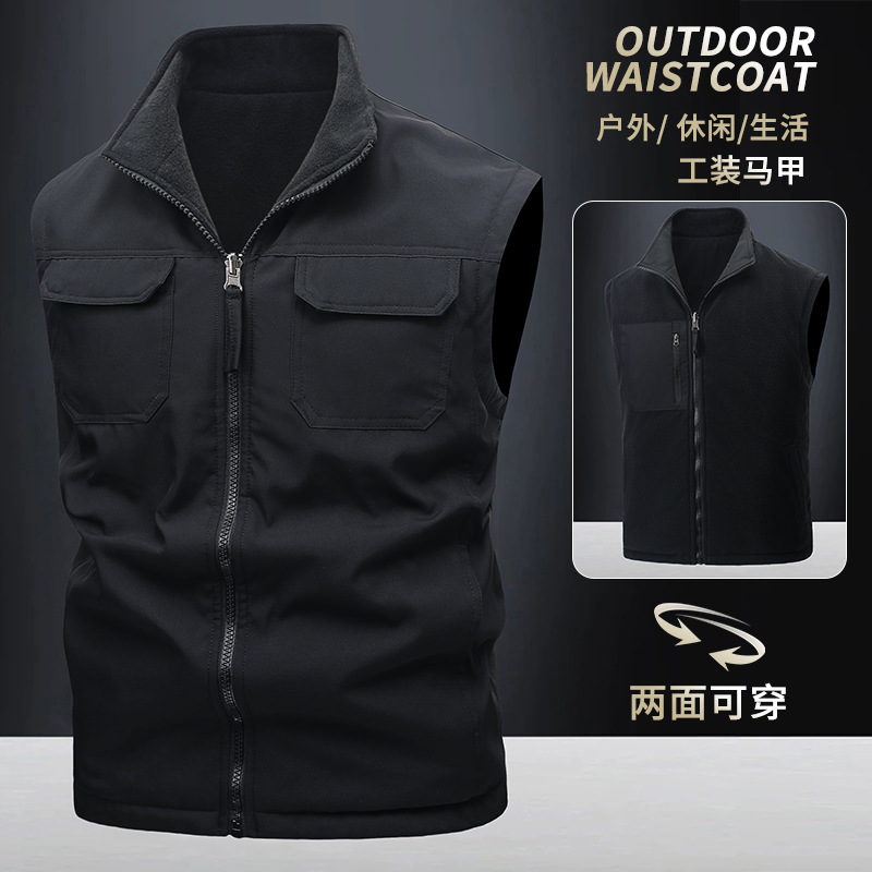 Primavera y otoño, uso de doble cara más chaleco de comercio exterior de terciopelo, chaleco de herramientas multibolsillo antisalpicaduras para exteriores para hombres, personalización avanzada