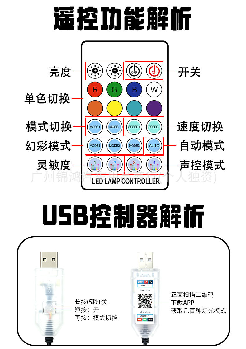 Car USB ambient light, central control panel, dashboard, through-body fantasy light strip, front windshield, direct sales from manufacturer, APP control