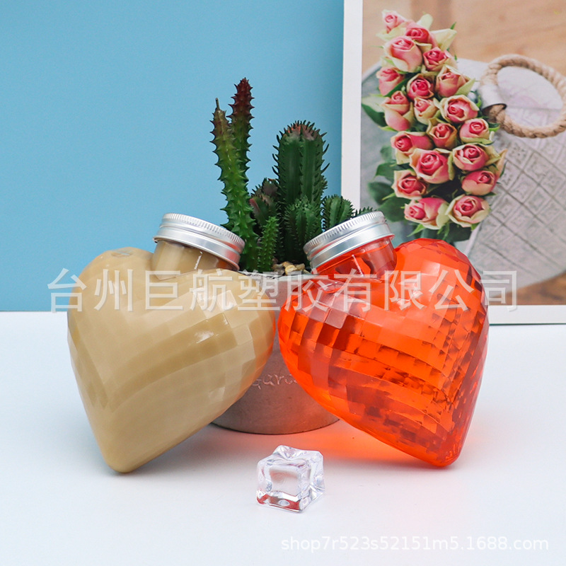 厂家直供砖石型凌 300ml个性爱心奶茶瓶 一次性果汁 饮料瓶