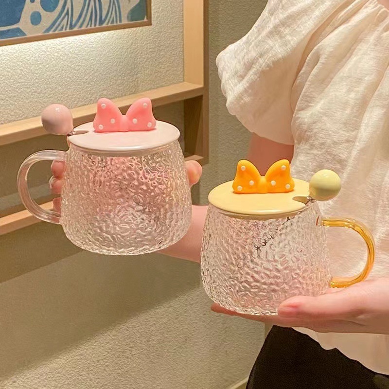 Ins-style Bow-knot Girly Heat-resistant Glass Cup, Cute Couple's Mug With Lid And Spoon, Office Coffee Cup_voghion.com