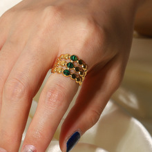 INS网红同款戒指18K金镶绿孔雀石戒指不锈钢女式开口戒指指环饰品