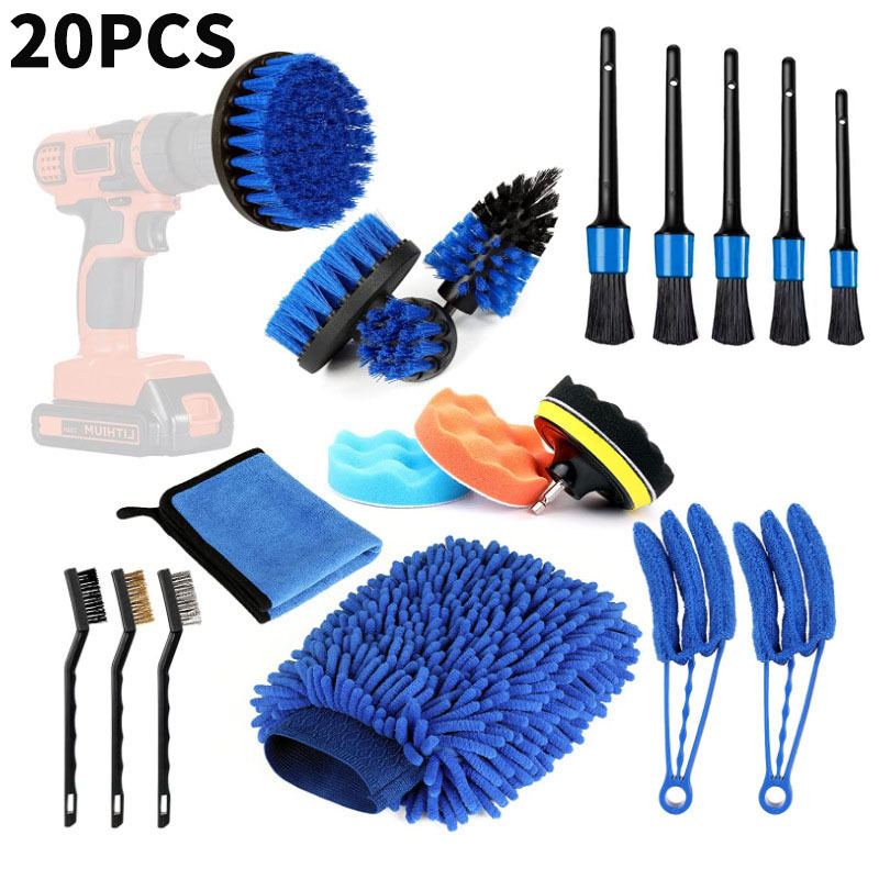 跨境热卖汽车清洁电钻刷轮毂内饰缝隙清洁刷20件套轮胎刷头洗车刷