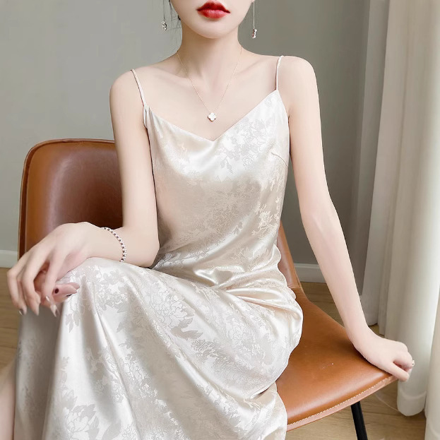 Summer Jacquard V-neck Sling dress Women's Acetic Acid Satin Over-the-Knee A- line Long Dress Slimming National Style Base Dress