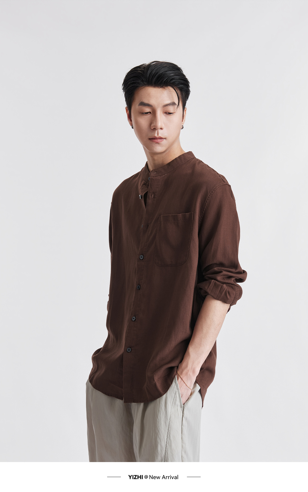 Áo sơ mi nam linen cổ đứng tay dài mùa hè, chất liệu lanh thoáng khí, phong cách Trung Hoa, túi đơn — Xanh navy chi tiết 16