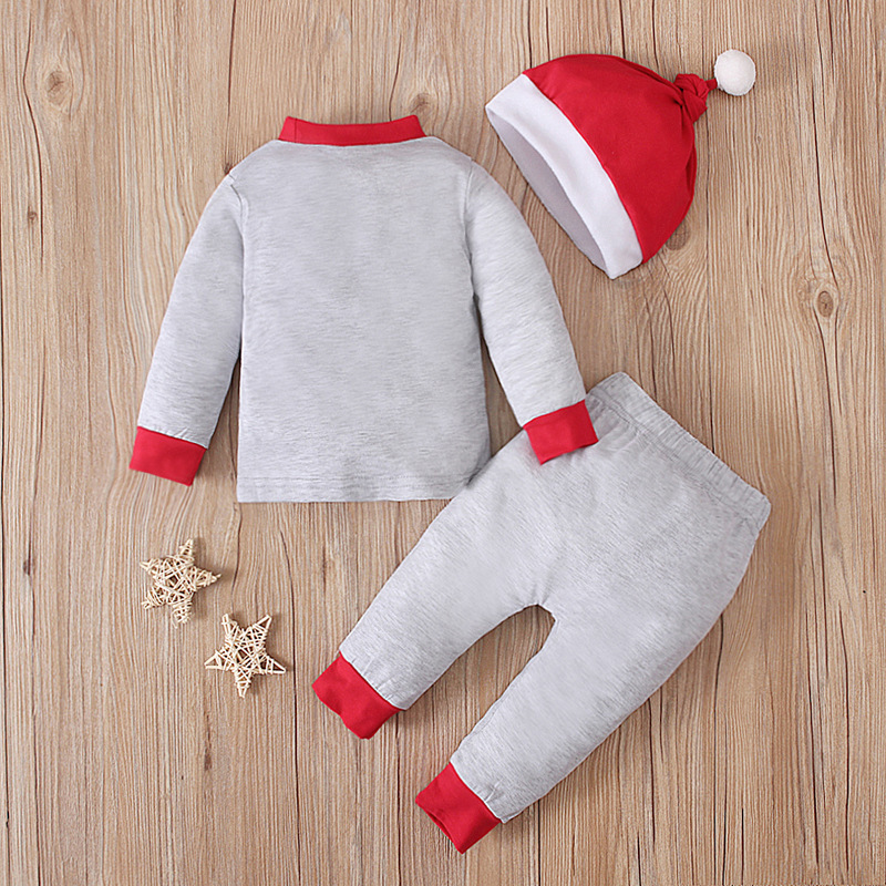 Boys And Girls Spring And Autumn Santa Claus Gray Long-sleeved Top + Trousers + Hat Three-piece Suit Children's Clothing_voghion.com