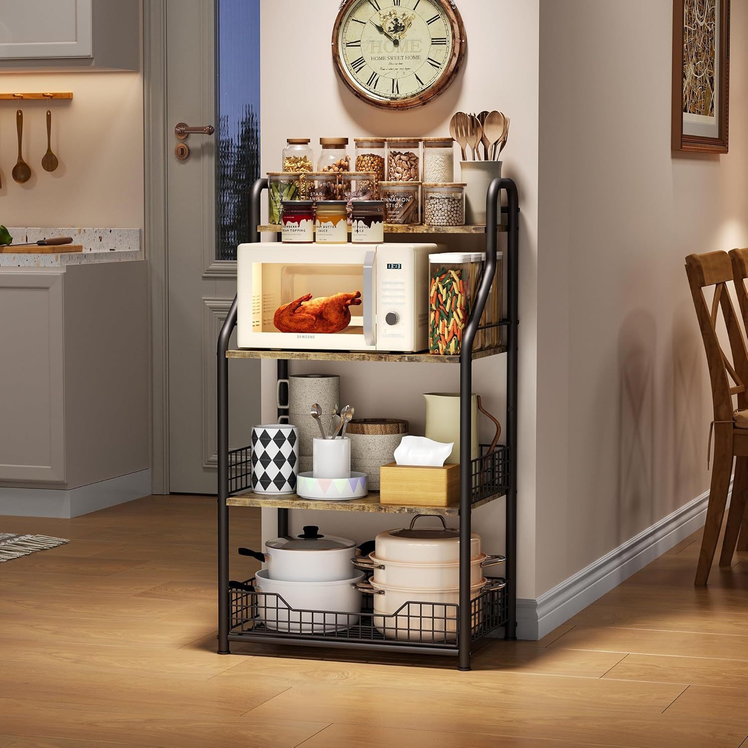 Four-tier iron wood storage rack microwave stand table rack kitchen baking rack metal baking rack with storage shelf coffee cart