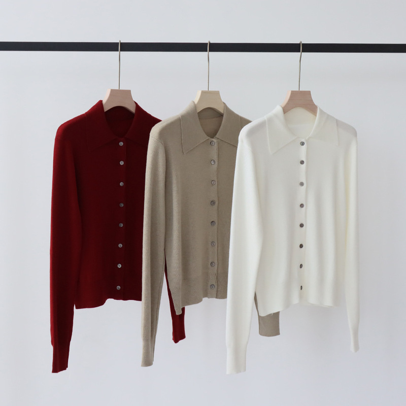 Thirteen lines of wool blended early autumn wear college style polo collar sweater cardigan long sleeve waist thin sweater