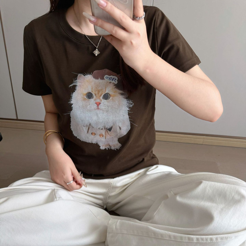 【Meow Fun Time T】Korean-Style Fun Cat Print Short-Sleeve Loose Casual Versatile Slimming and Age-Reducing Summer T-Shirt 【Meow Fun Time T】Korean-Style Fun Cat Print Short-Sleeve Loose Casual Versatile Slimming and Age-Reducing Summer T-Shirt