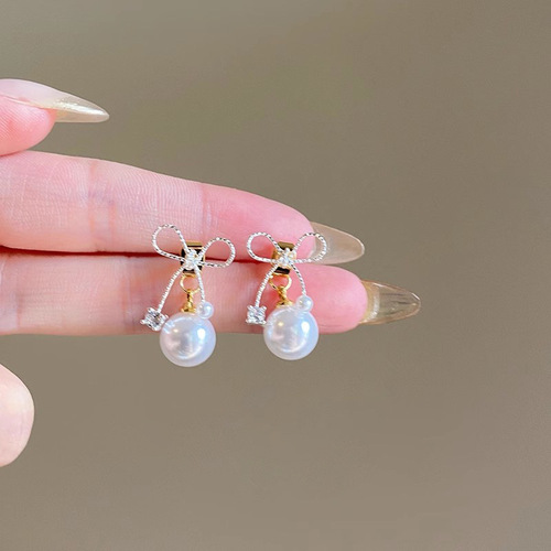 Simple Zircon bow earrings for women ins trendy Hong Kong style retro pearl earrings internet celebrity earrings