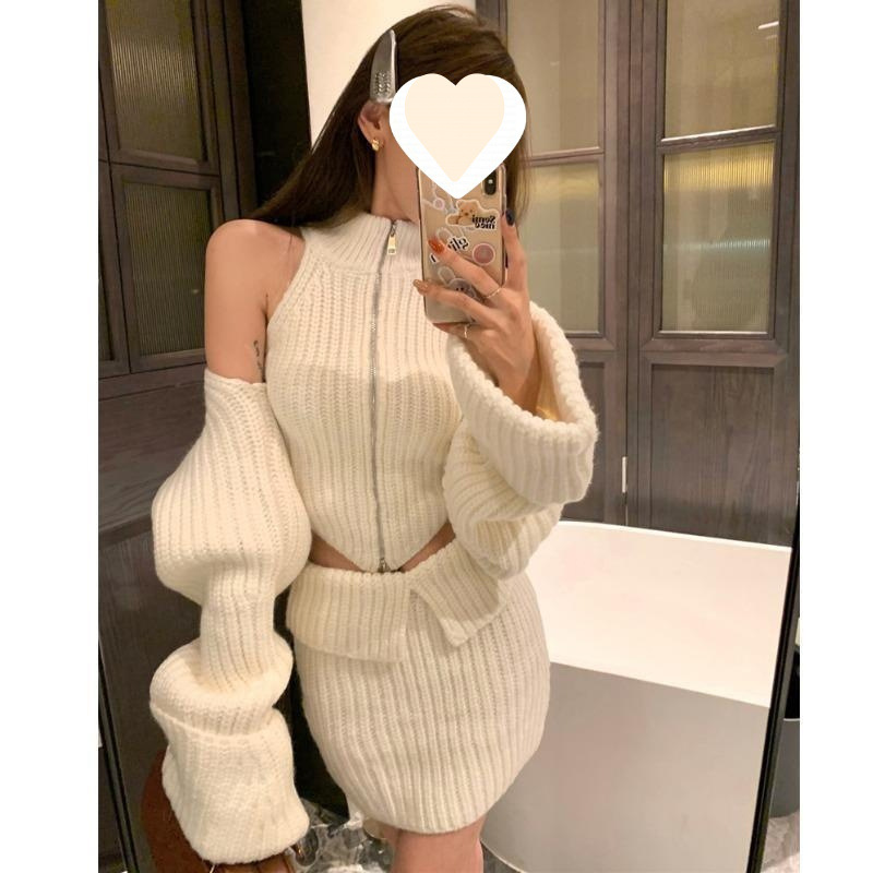 小个子气质穿搭拉链半高领背心内搭针织毛衣坎肩开衫半身短裙套装