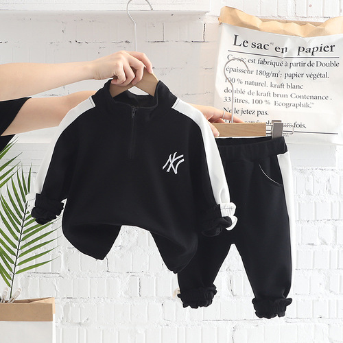 Men's casual clothing dropshipping: Spring/Fall new kids' patchwork long-sleeve hoodie set—2-piece outfit for little boys