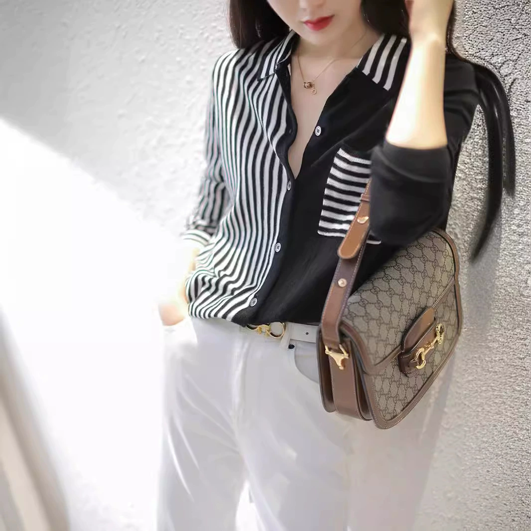 Гонконгский рис [хорошее качество, постоянные клиенты] Асимметричная свободная повседневная шерстяная рубашка в полоску с карманом