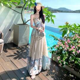 春夏新款气质宽松显瘦无袖印花长款压褶抹胸连衣裙女图片色醋酸缎