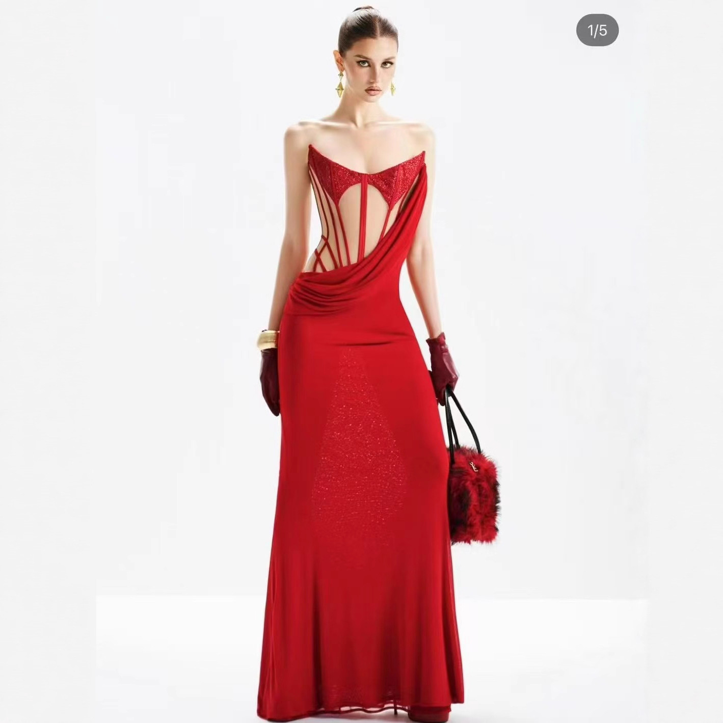 2026 Spring European and American Cross-Border Amazon Sexy Patchwork Two-Piece Dress Sequin Strapless Mermaid Long Dress