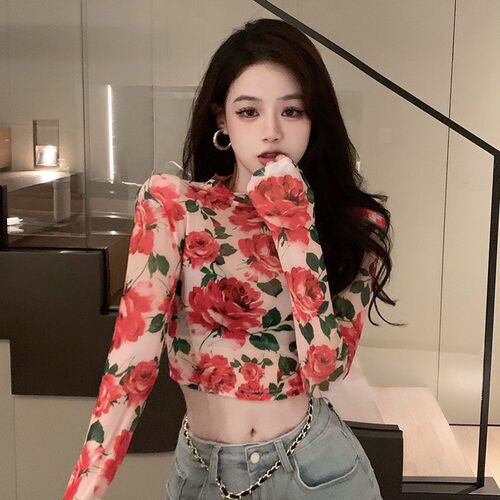 Spring and Summer New Retro Unique Fashion Small Floral Versatile Slimming Waist-Tightening Long-Sleeve T-Shirt for Women
