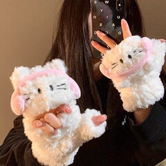 新款耳机猫翻盖露指手套女秋冬季可爱学生骑行防寒保暖写字可触屏
