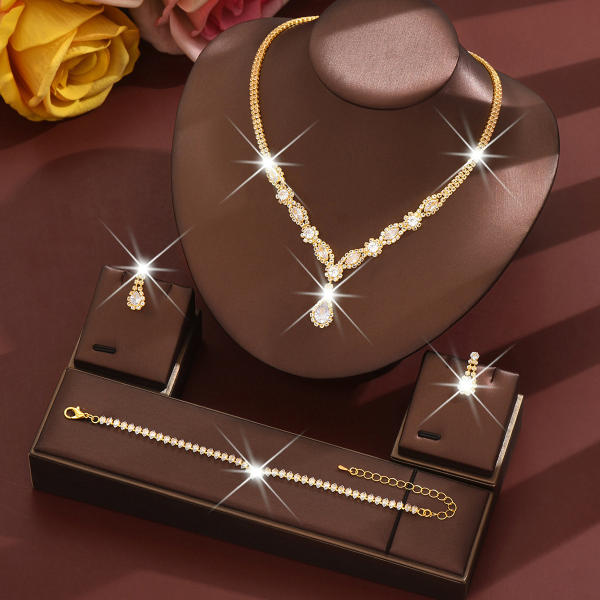 Joyería europea y americana al por mayor suministro transfronterizo circón joyería nupcial pendientes pulsera collar conjunto