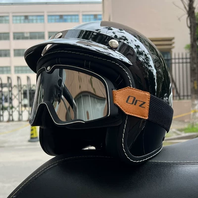 Helmet, Suitable for All Seasons, Can Be, Motosiklet kaskı (dəbilqə) - bright-black-retro-black-silver-goggles-m