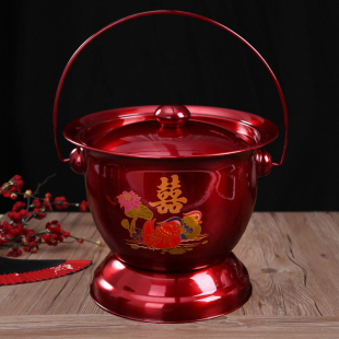Wedding Spittoon Satchel with Lid Red Ancestor Bucket Enamel Imitation Stainless Steel Old-Fashioned Chamber Pot Wedding Supplies for the Elderly