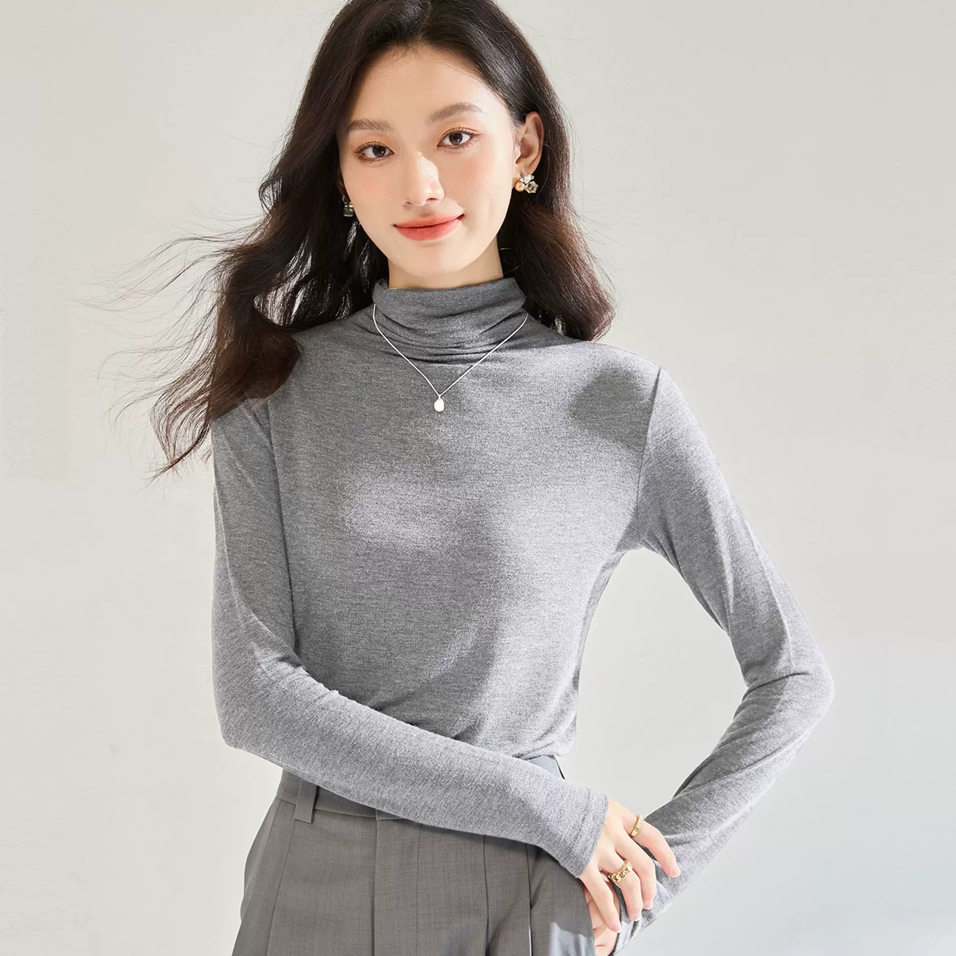 26春新轻薄丝滑保暖打底混纺高领T恤长袖秋衣上衣羊毛高领女22650
