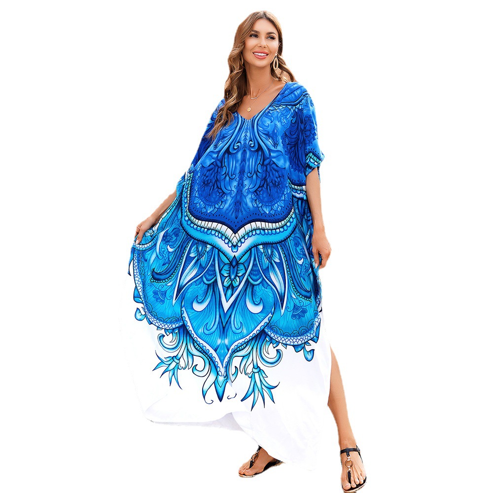 Blusa de playa de secado rápido azul y blanco posicionamiento de impresión túnica falda de playa bikini blusa falda de vacaciones transfronteriza 5D29