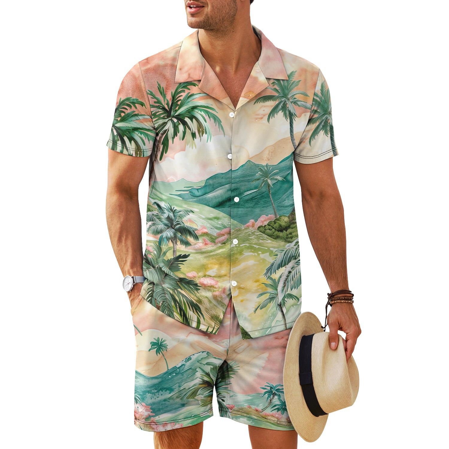 Transfronterizo 2025 nuevo estilo Amazon europeo y americano patrón de nieve cuello cubano camisa de manga corta pantalones cortos traje MB34 MA04