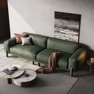 Tofu Block Italian Style Minimalist Living Room Sofa Simple Light Luxury Cream Style Straight Row Cowhide Small Apartment Solid Wood Sand