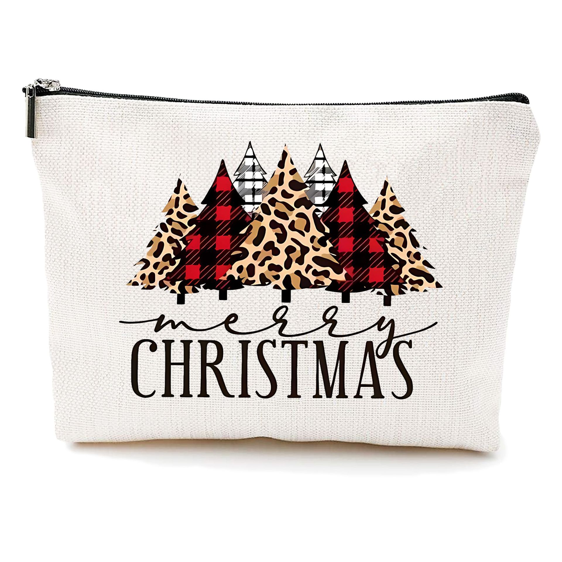 Bolsa de maquillaje transfronteriza de Amazon damas bolsas de maquillaje de patrón creativo de Navidad bolsas de almacenamiento de lino bolsa de cremallera impermeable
