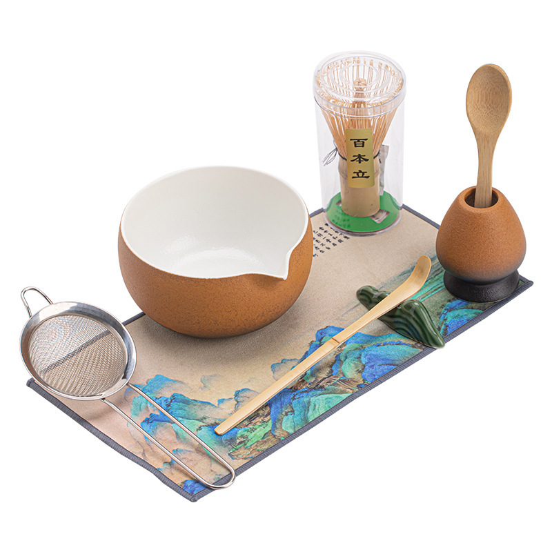 古風抹茶 8点セット グラデーション陶器 和風茶道 泡立て・かき混ぜ道具一式セット 茶筅 茶筆 茶碗|undefined