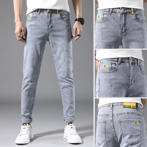 Jeans homme slim fit petits pieds 2024 printemps et automne style fin tendance polyvalent élastique lavé décontracté jambe droite longue_voghion.com
