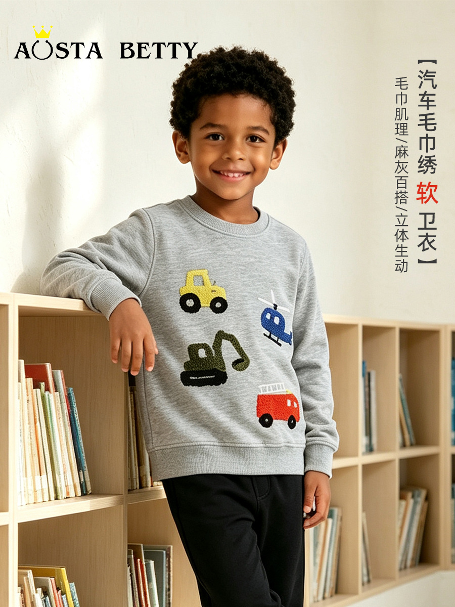 Venta directa de fábrica suéter para niños estilo europeo y americano coche de ingeniería toalla bordada sudadera para niños suéter de cuello redondo de algodón de punto image 1