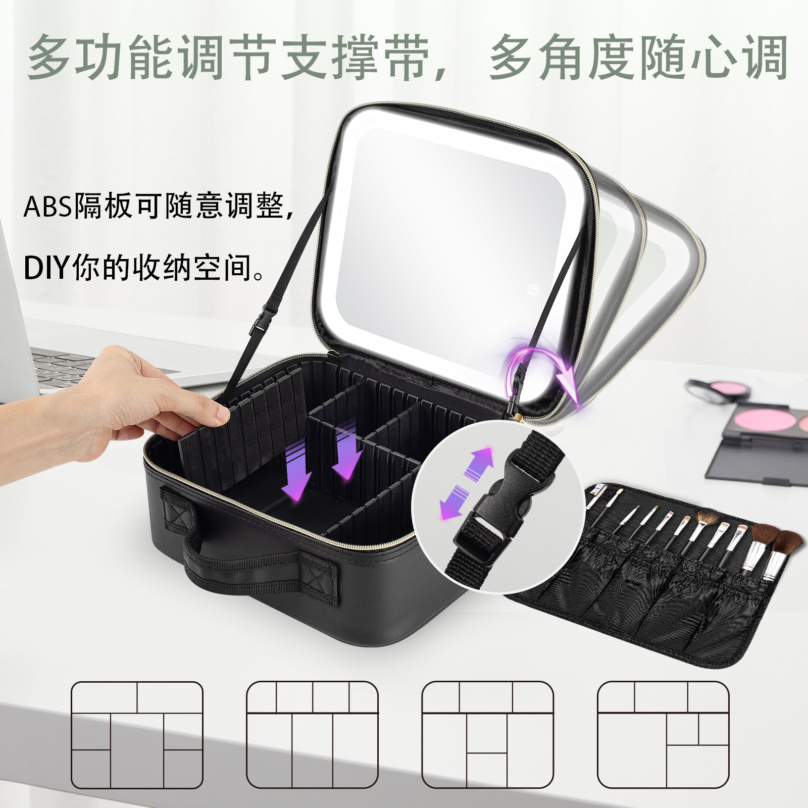 Bolso cosmético portátil transfronterizo con espejo lámpara led estuche cosmético de gran capacidad de alto valor ins bolsa de viaje de almacenamiento portátil