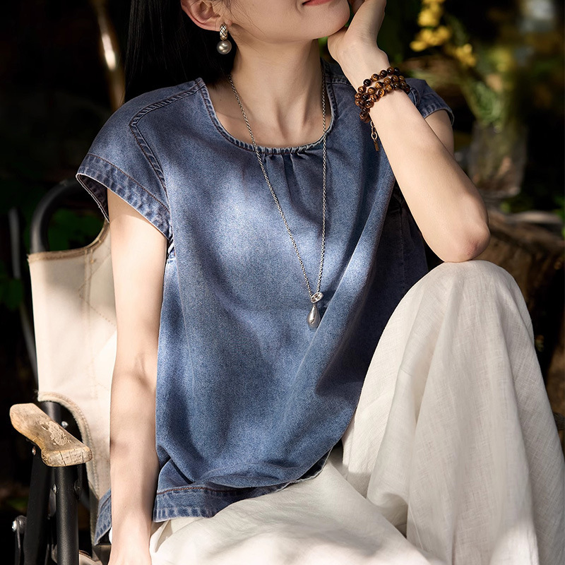 Light and Soft Denim Retro Flutter-Sleeve Blouse, Designer Short-Sleeve T-Shirt, 2026 Summer New Women's Fashion