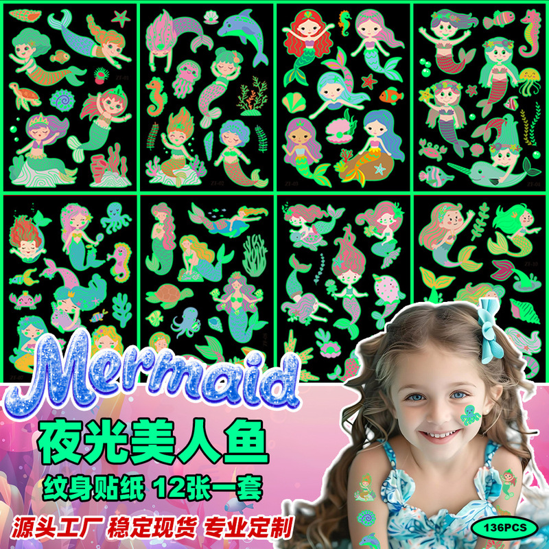 Cross-Border New Children's Cartoon Luminous Mermaid Tattoo Stickers Mermaid Princess Holiday Party Temporary Stickers
