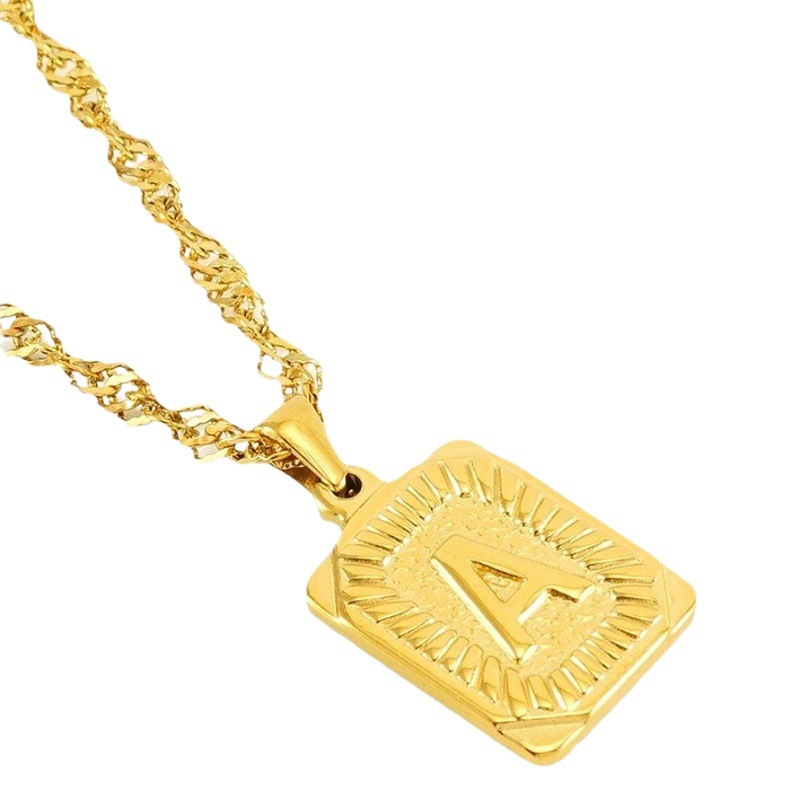 Collar de cadena de onda de agua cuadrada de acero inoxidable europeo y americano transfronterizo moda de mujer Luz de lujo todo fósforo titanio acero 26 letra colgante